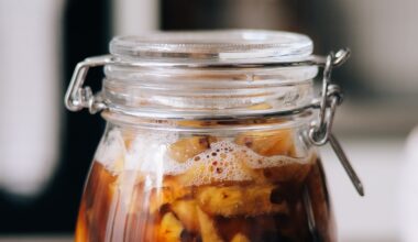 Glazen pot met gefermenteerde drank en drijvende ingrediënten
