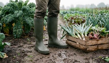 Rubberlaarzen op een nat moestuinpad naast de oogst