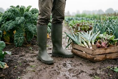 Rubberlaarzen op een nat moestuinpad naast de oogst