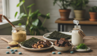Plantaardige drink, verrijkte edelgist en een potje B12-tabletten op een keukenblad
