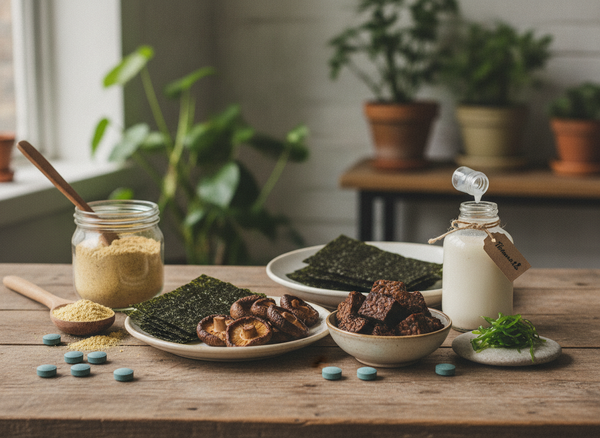 Plantaardige drink, verrijkte edelgist en een potje B12-tabletten op een keukenblad