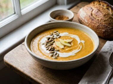 Kom dikke oranje pompoensoep met geroosterde pompoenpitten, een sliert kokosmelk en verse koriander