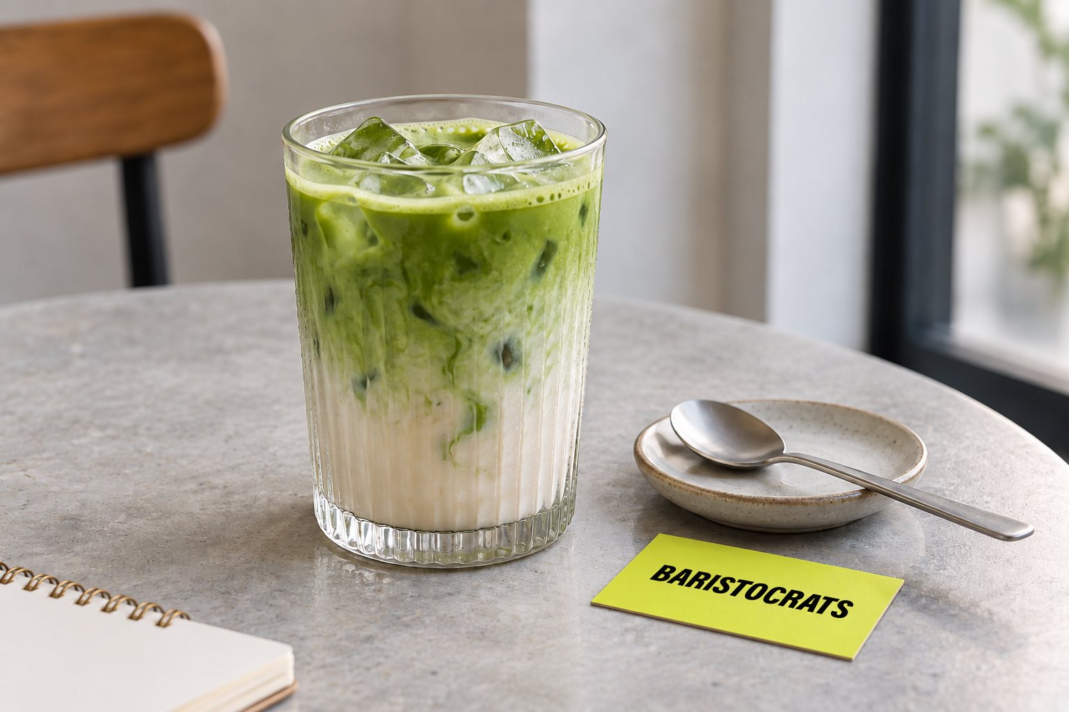 Een glas matcha latte met ijs en groene en witte lagen, naast een schoteltje en geel Baristocrats-kaartje.