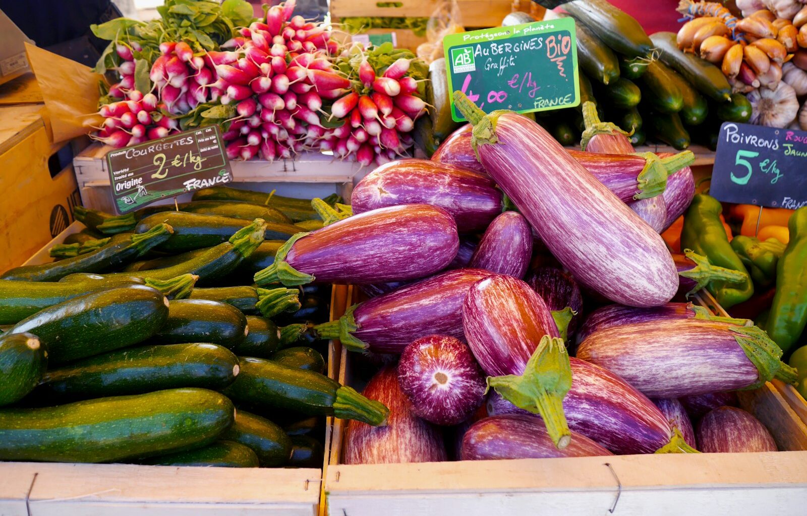 Verschillende soorten aubergines naast elkaar op een marktkraam