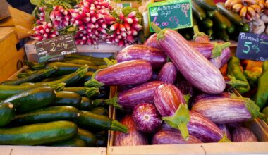 Verschillende soorten aubergines naast elkaar op een marktkraam