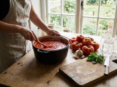 Halve tomaten met ui en knoflook op een bakplaat, net uit de oven