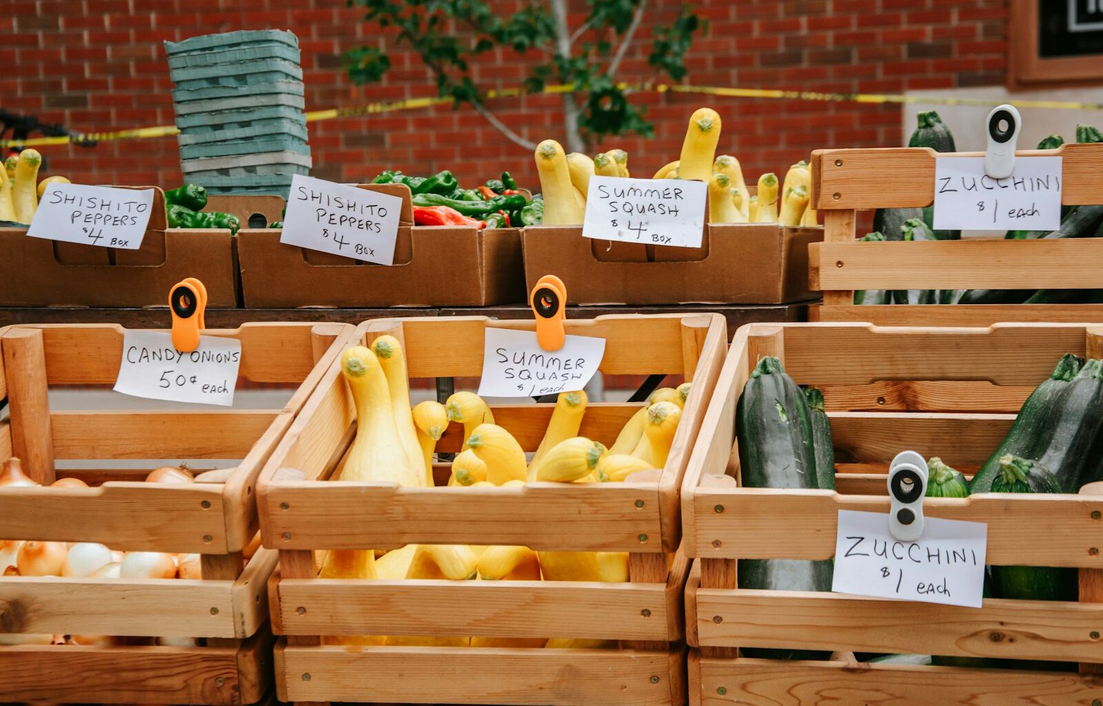 Verse groente en fruit in kratten op een markt