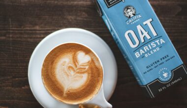 Latte met melkschuim en een pak havermelk op een toonbank