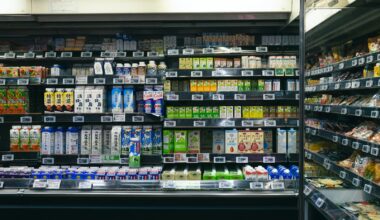 Supermarktschap met plantaardige melk en tofu in een Duitse supermarkt