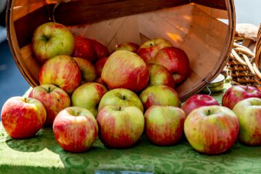 Kist met verse rode en groene appels uit de boomgaard